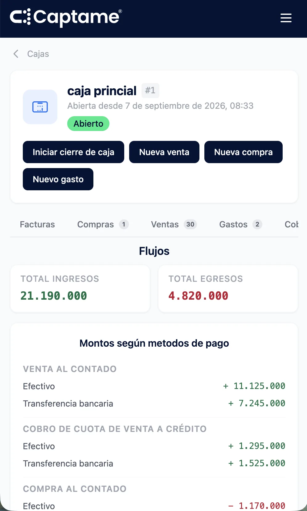 Flujos de una caja abierta en Captame con los totales de ingresos y egresos, los montos por método de pago y el movimiento por banco