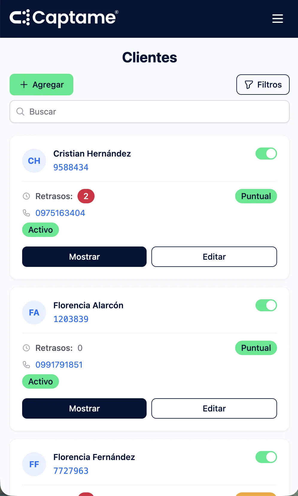 Listado de clientes de Captame con la calificación de cada uno y la cantidad de pagos retrasados
