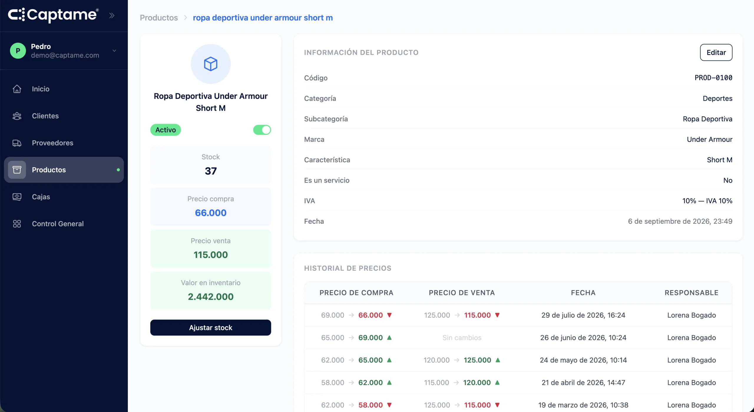 Ficha de un producto en Captame con su stock, sus precios de compra y venta, y el historial de cambios de precio