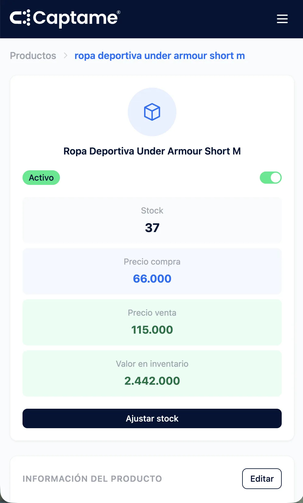 Ficha de un producto en Captame con su stock, sus precios de compra y venta, y el historial de cambios de precio